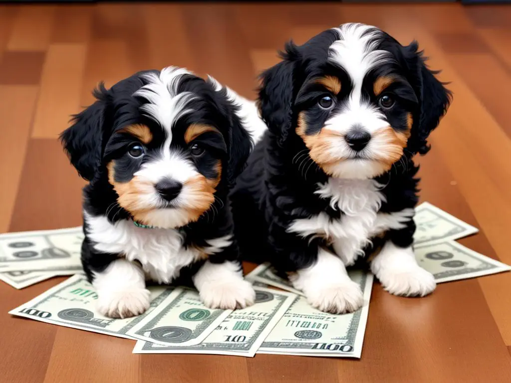 Image of a Havanese puppy sitting on a pile of money, representing the financial considerations of owning a Havanese puppy